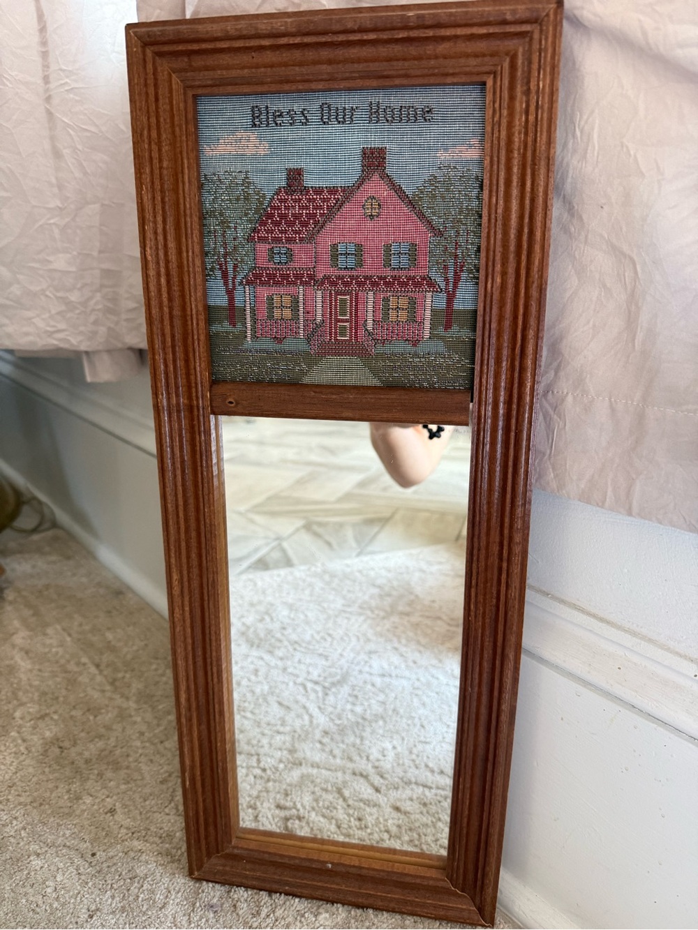 Handcrafted Pink House Needlepoint Wall Mirror